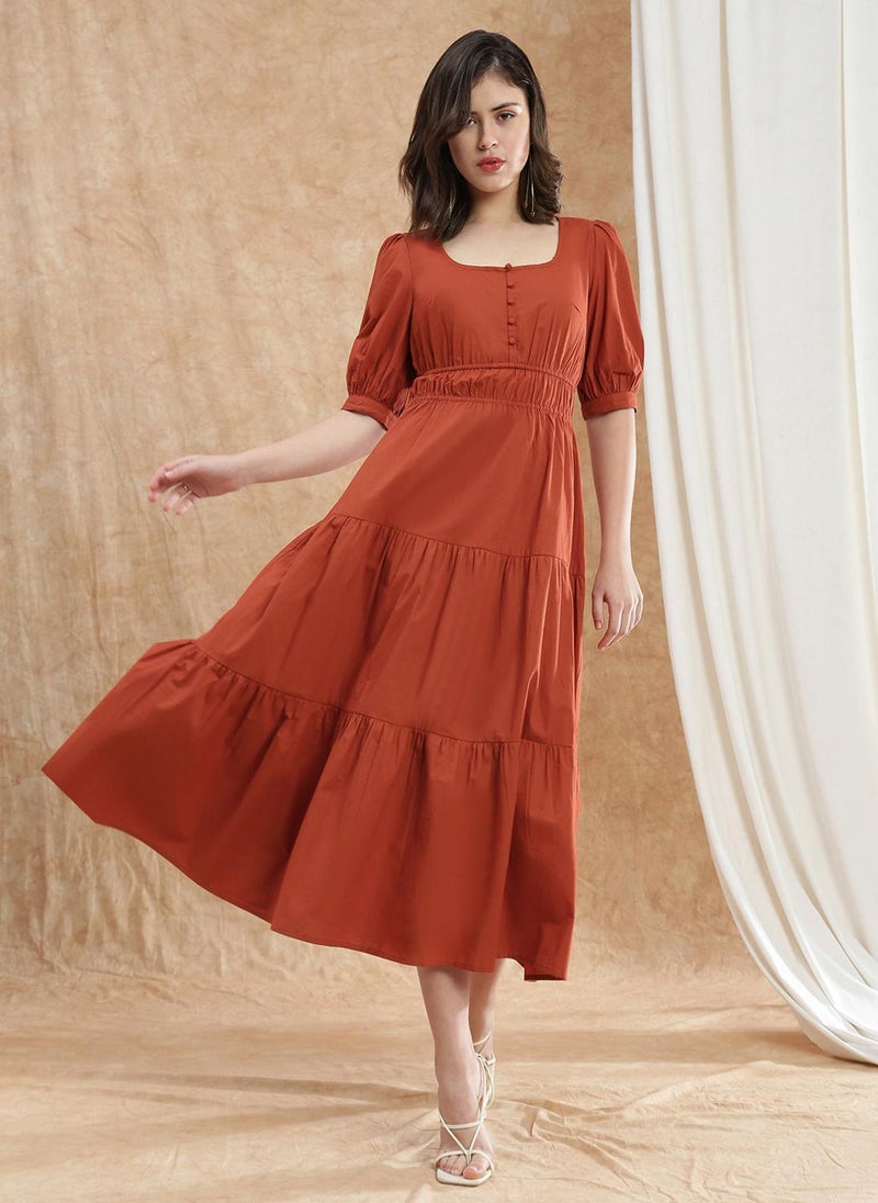 Globus Women Rust Square Neck Puff Sleeves Solid Gathered Tiered Fit & Flare Maxi Dress - Image 1